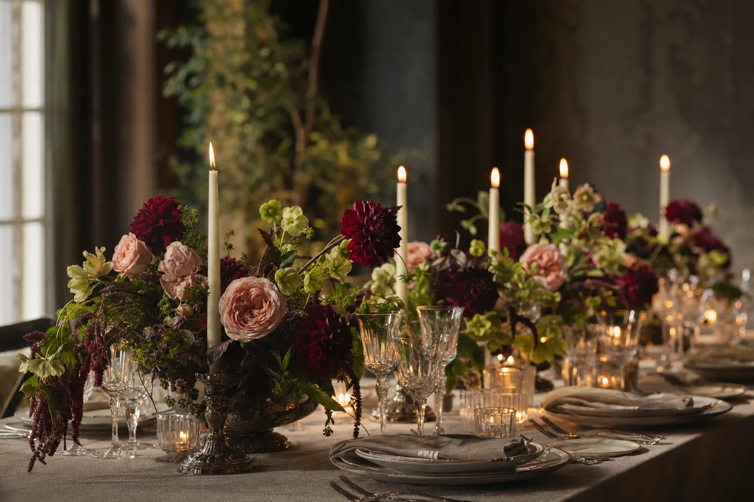 A candlelit wedding table with low centrepieces of dahlias, garden roses and hellebores
