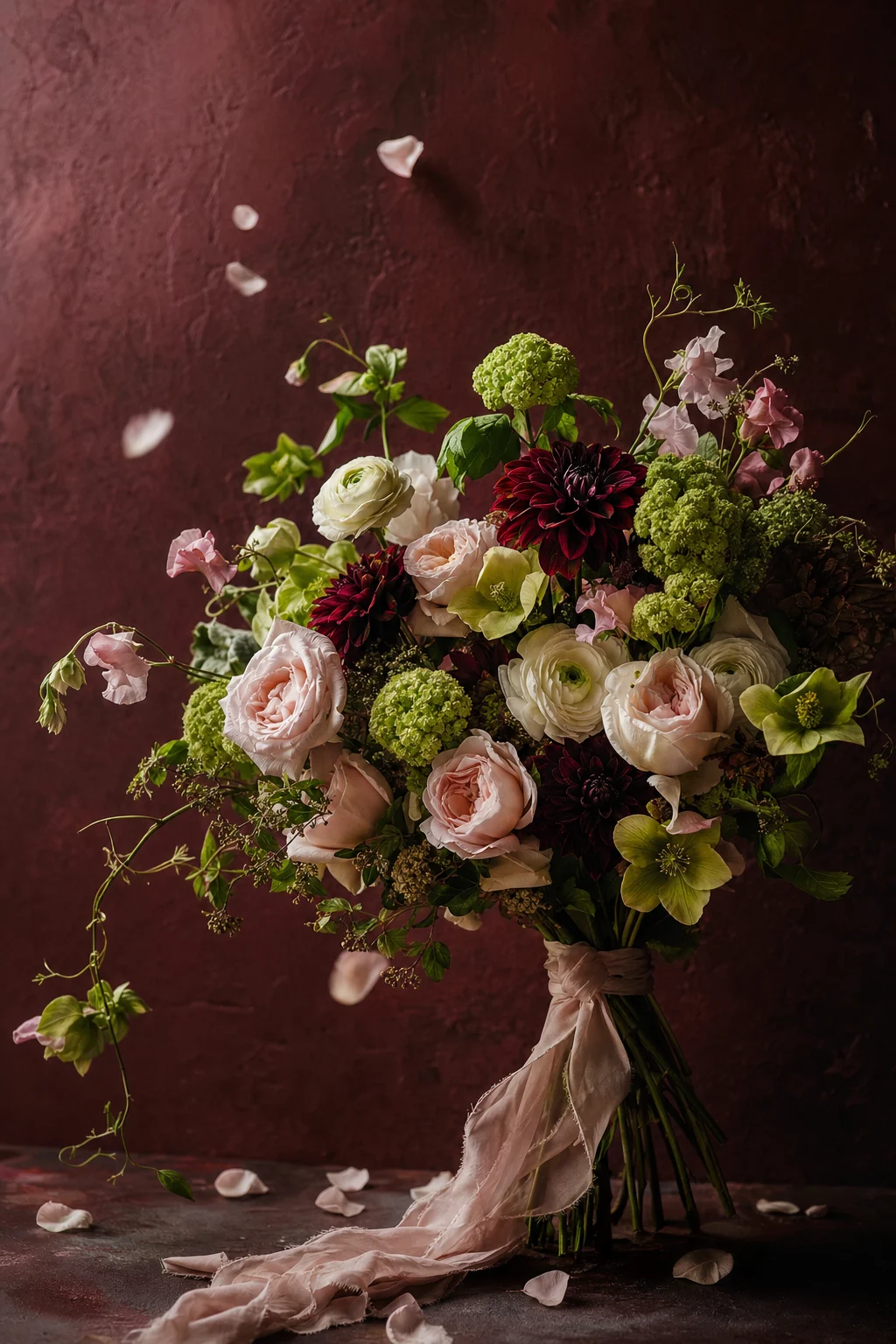 A hand-tied bouquet of burgundy dahlias, blush garden roses, cream ranunculus and green hellebores against a deep garnet wall