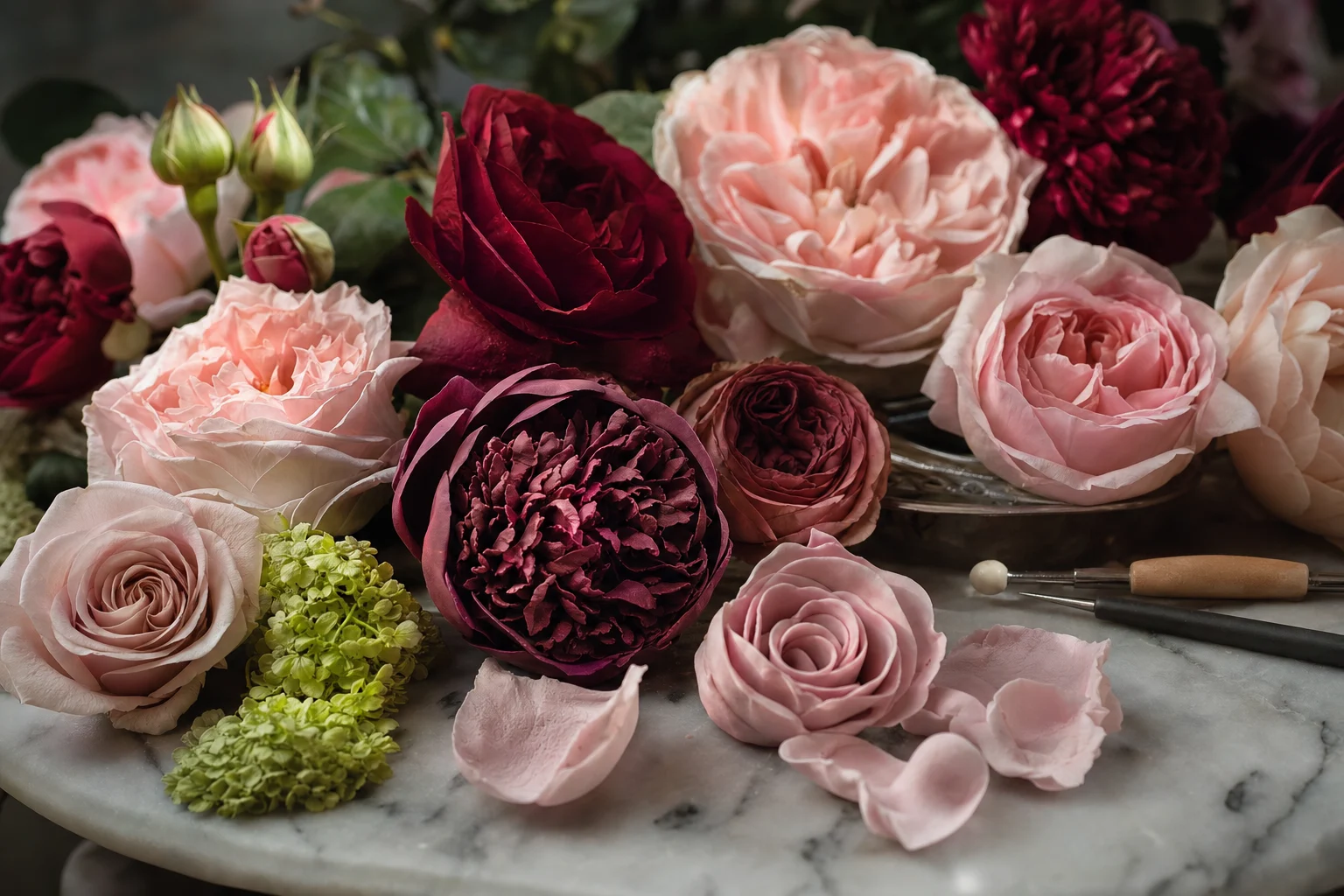 Handcrafted sugar paste roses beside fresh blush garden roses on marble